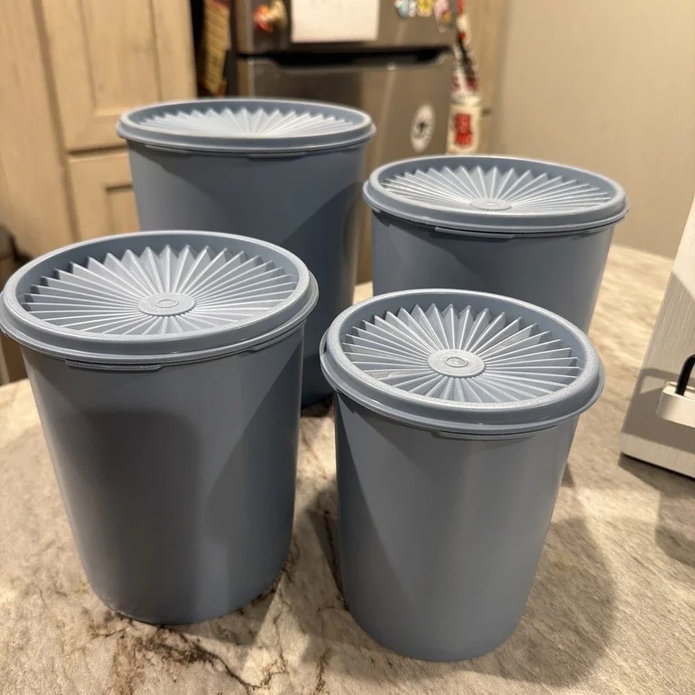 Set Of 4 Vtg‎ Tupperware Servalier Country Blue Canisters With Seals
